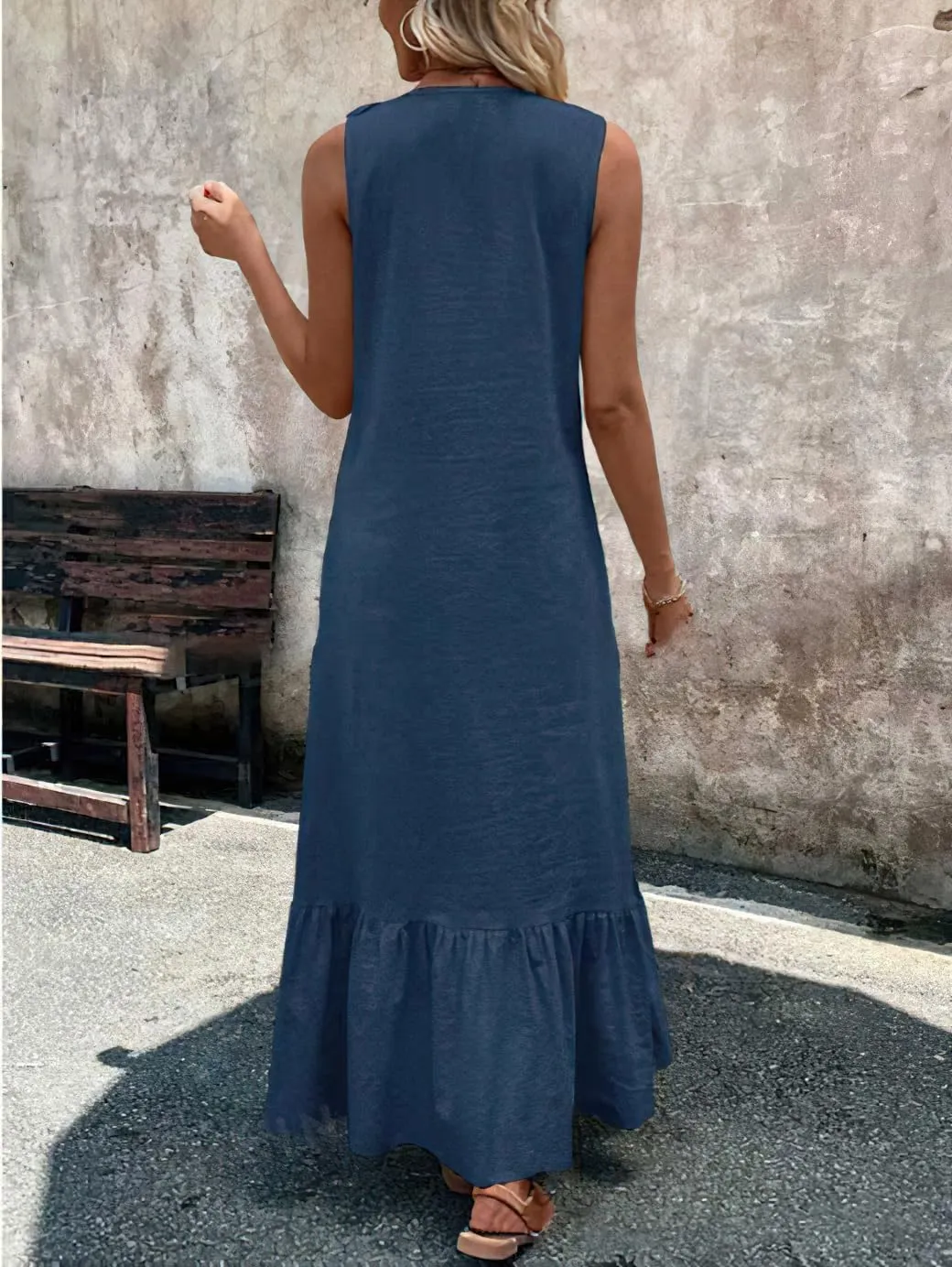 chouyatou Women's Summer Beach Cotton Tank Dress Linen Boho Sleeveless Tiered Ruffle Maxi Long Sundress