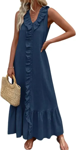 chouyatou Women's Summer Beach Cotton Tank Dress Linen Boho Sleeveless Tiered Ruffle Maxi Long Sundress