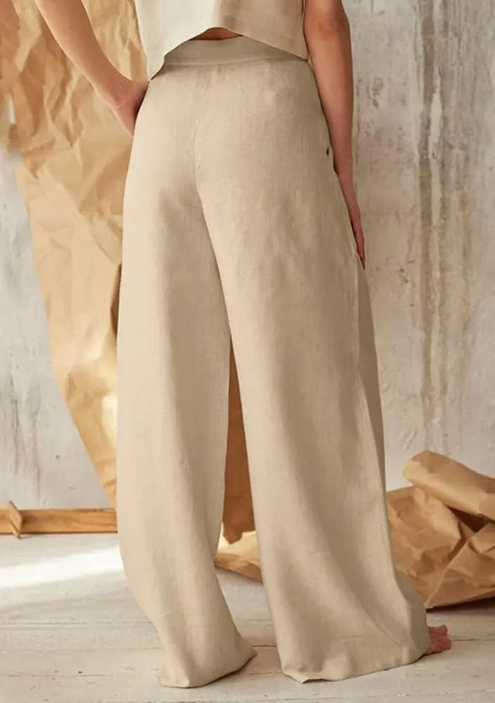 chouyatou Women's Summer High Waisted Cotton Linen Palazzo Wide Leg Casual Pants with Pockets