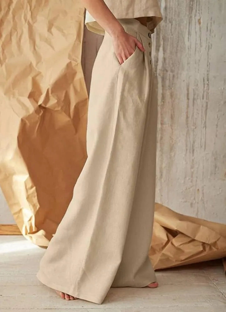 chouyatou Women's Summer High Waisted Cotton Linen Palazzo Wide Leg Casual Pants with Pockets
