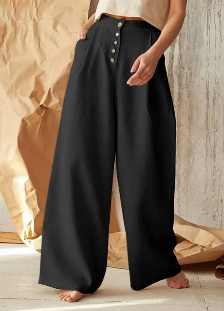 chouyatou Women's Summer High Waisted Cotton Linen Palazzo Wide Leg Casual Pants with Pockets