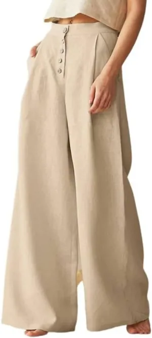 chouyatou Women's Summer High Waisted Cotton Linen Palazzo Wide Leg Casual Pants with Pockets