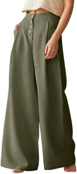 chouyatou Women's Summer High Waisted Cotton Linen Palazzo Wide Leg Casual Pants with Pockets
