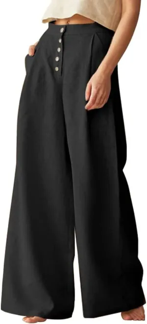 chouyatou Women's Summer High Waisted Cotton Linen Palazzo Wide Leg Casual Pants with Pockets