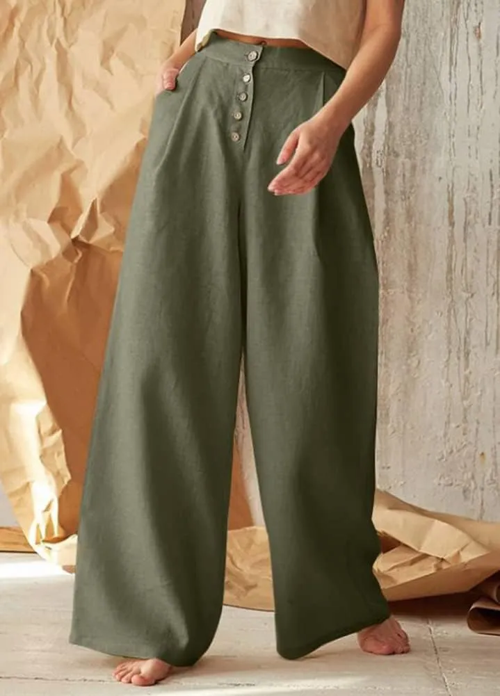 chouyatou Women's Summer High Waisted Cotton Linen Palazzo Wide Leg Casual Pants with Pockets