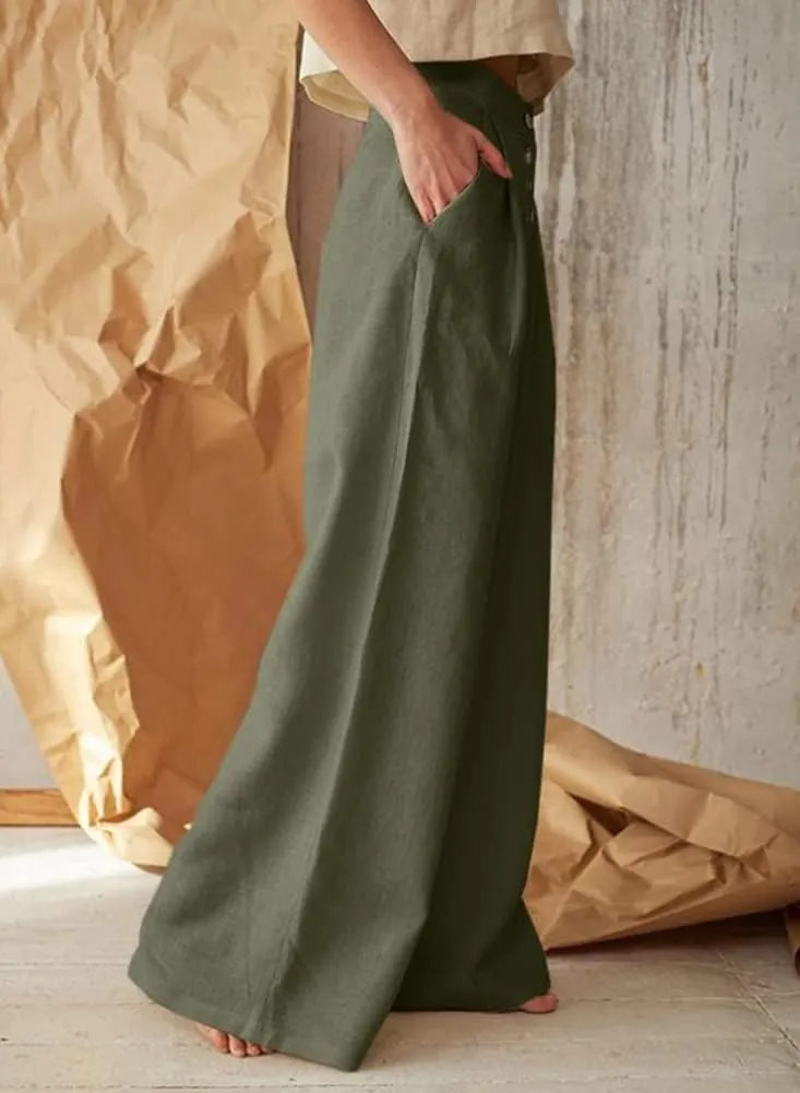 chouyatou Women's Summer High Waisted Cotton Linen Palazzo Wide Leg Casual Pants with Pockets