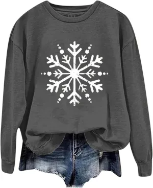 Christmas Sweatshirt for Women Snowflake Graphic Long Sleeve Casual Pullover Drop Shoulder Crewneck Trendy Clothes