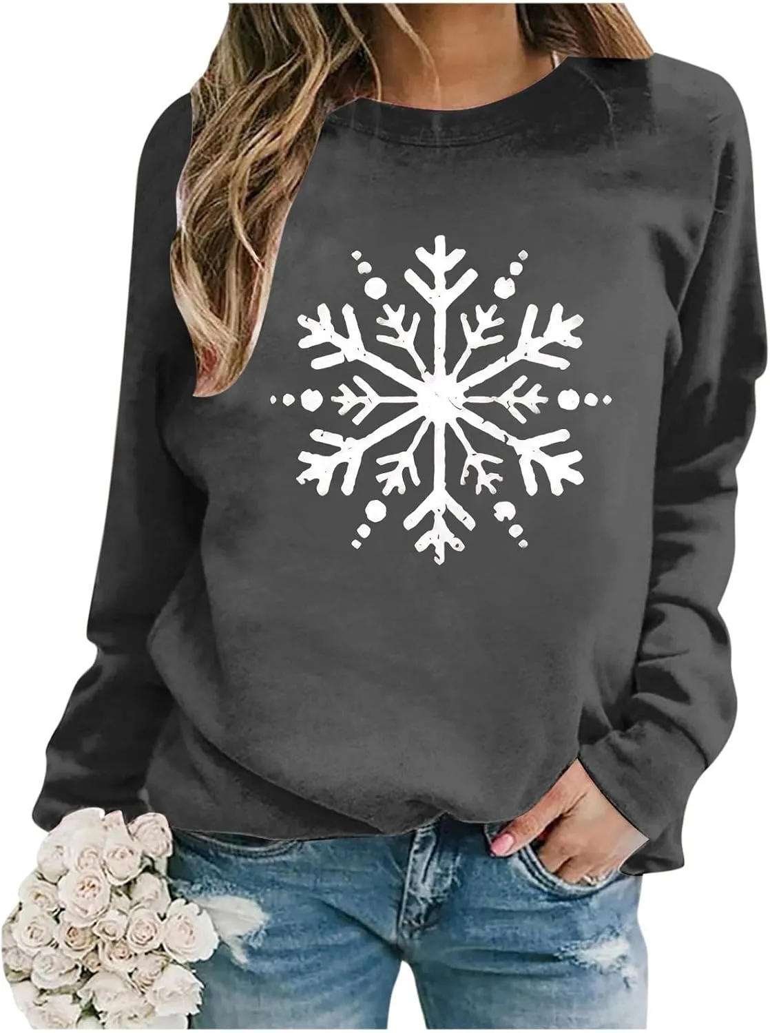 Christmas Sweatshirt for Women Snowflake Graphic Long Sleeve Casual Pullover Drop Shoulder Crewneck Trendy Clothes