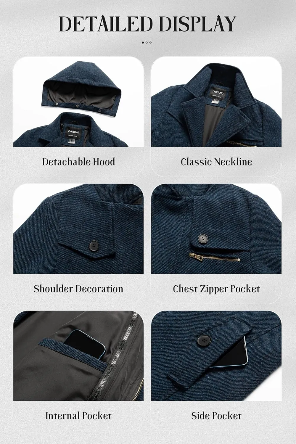 Chrisuno Men's Classic Long Pea Coat Warm Wool Blend Winter Trench Coat Single Breasted Overcoat with Detachable Collar