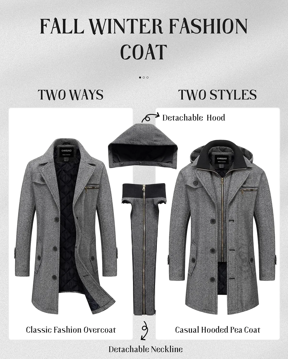 Chrisuno Men's Classic Long Pea Coat Warm Wool Blend Winter Trench Coat Single Breasted Overcoat with Detachable Collar