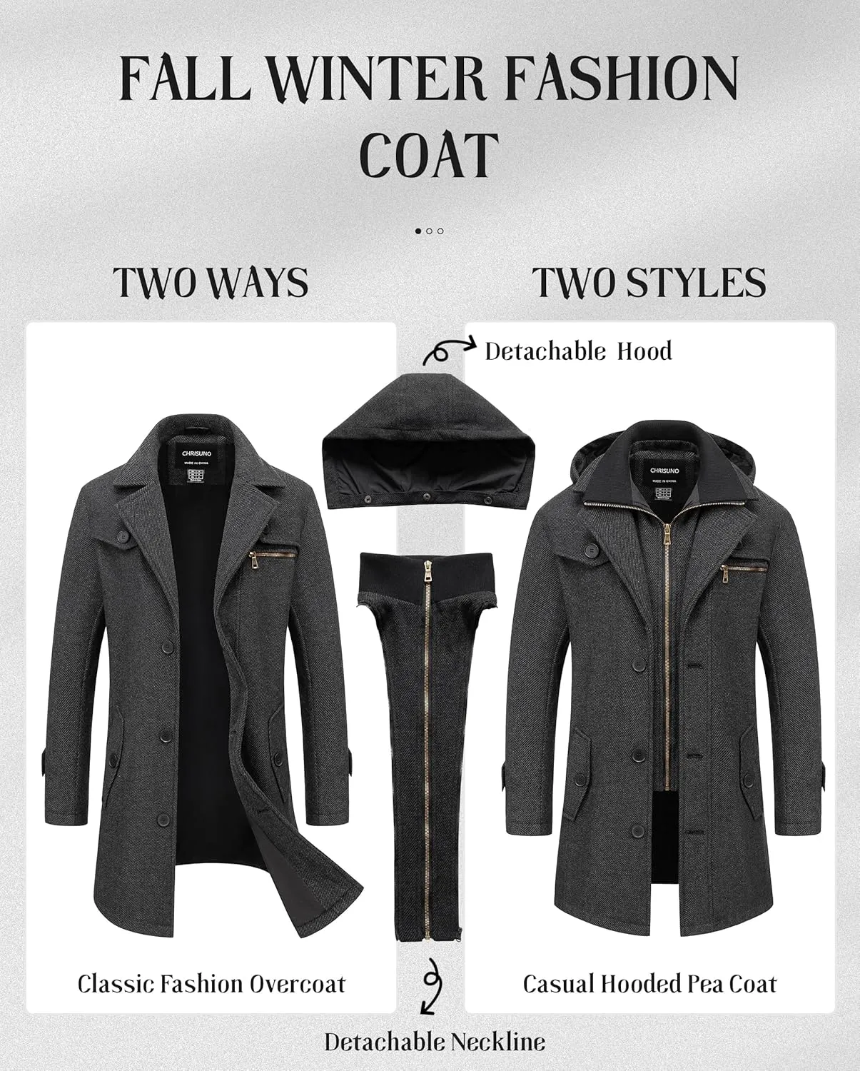Chrisuno Men's Classic Long Pea Coat Warm Wool Blend Winter Trench Coat Single Breasted Overcoat with Detachable Collar