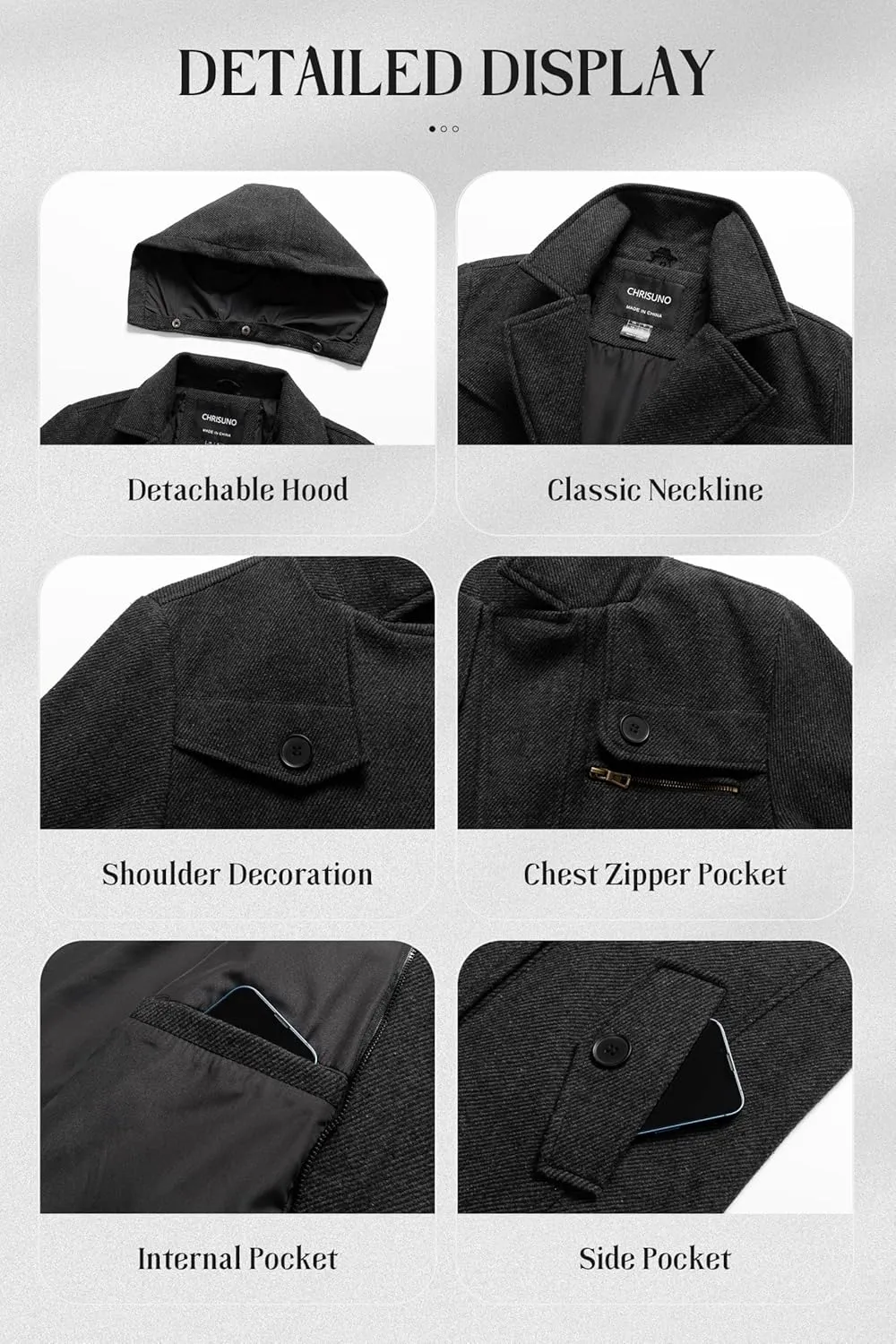 Chrisuno Men's Classic Long Pea Coat Warm Wool Blend Winter Trench Coat Single Breasted Overcoat with Detachable Collar