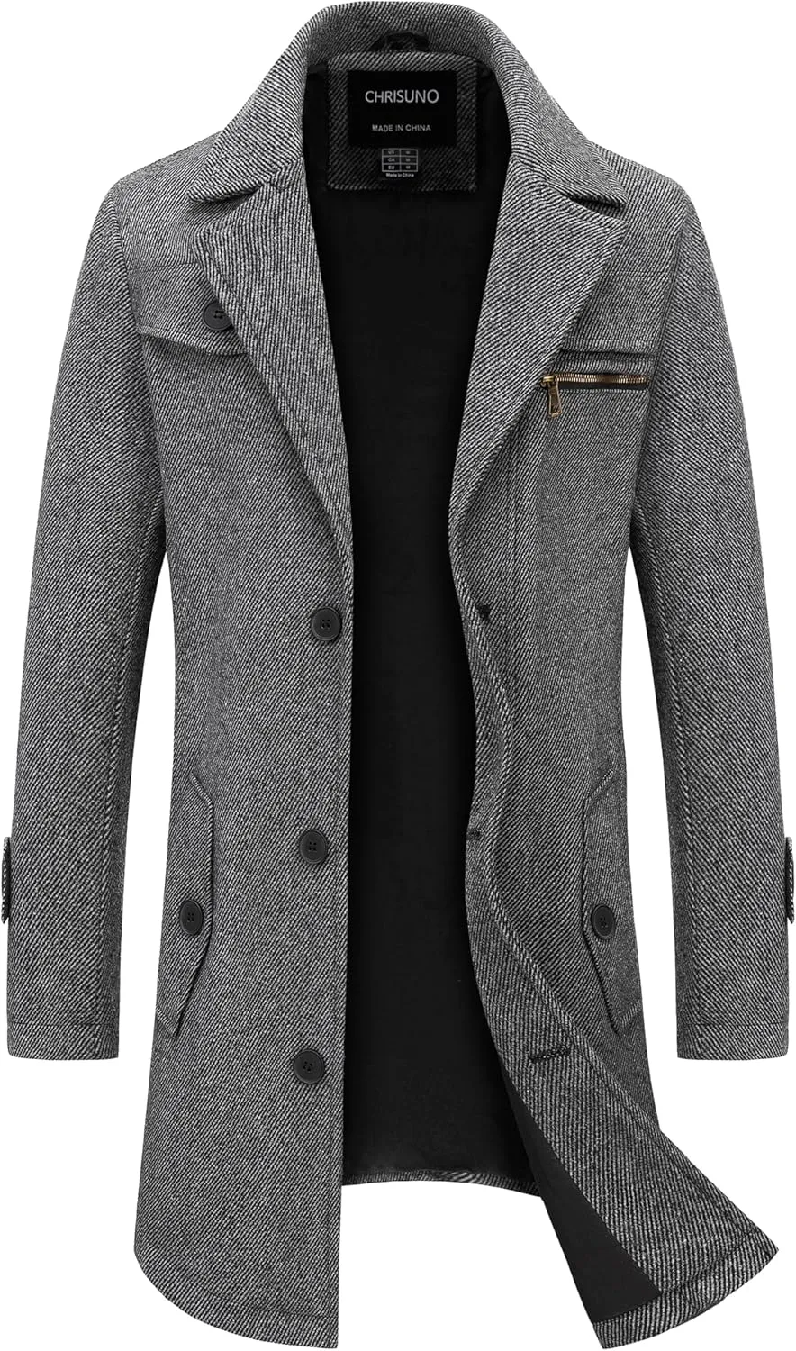 Chrisuno Men's Classic Long Pea Coat Warm Wool Blend Winter Trench Coat Single Breasted Overcoat with Detachable Collar