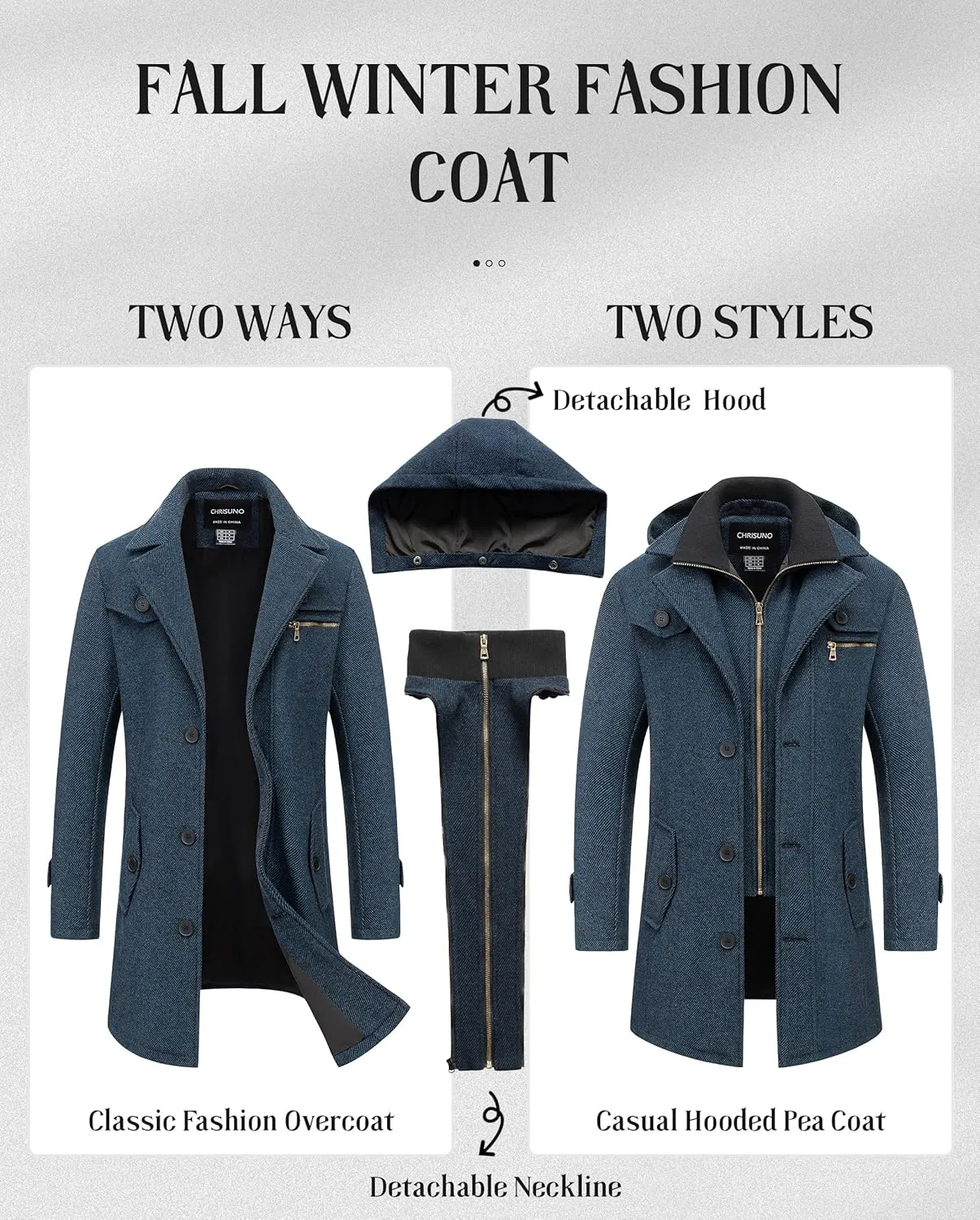 Chrisuno Men's Classic Long Pea Coat Warm Wool Blend Winter Trench Coat Single Breasted Overcoat with Detachable Collar
