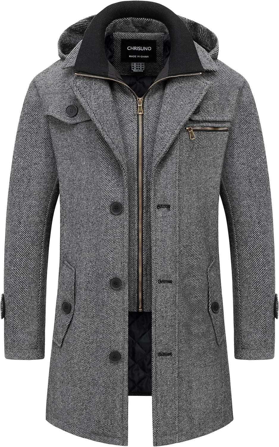 Chrisuno Men's Classic Long Pea Coat Warm Wool Blend Winter Trench Coat Single Breasted Overcoat with Detachable Collar