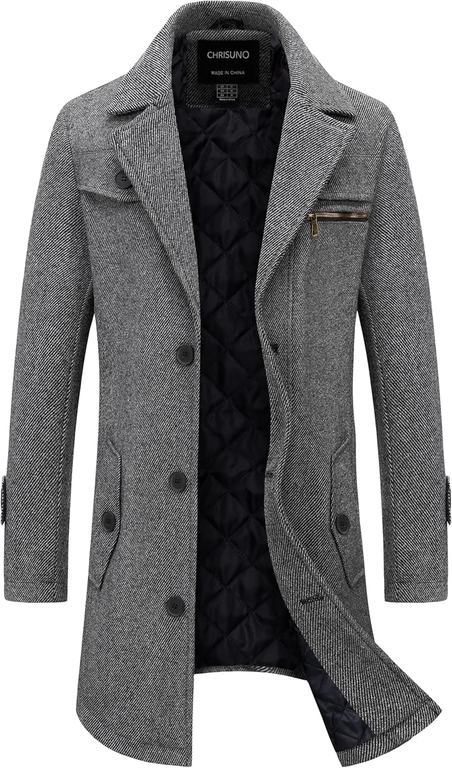 Chrisuno Men's Classic Long Pea Coat Warm Wool Blend Winter Trench Coat Single Breasted Overcoat with Detachable Collar