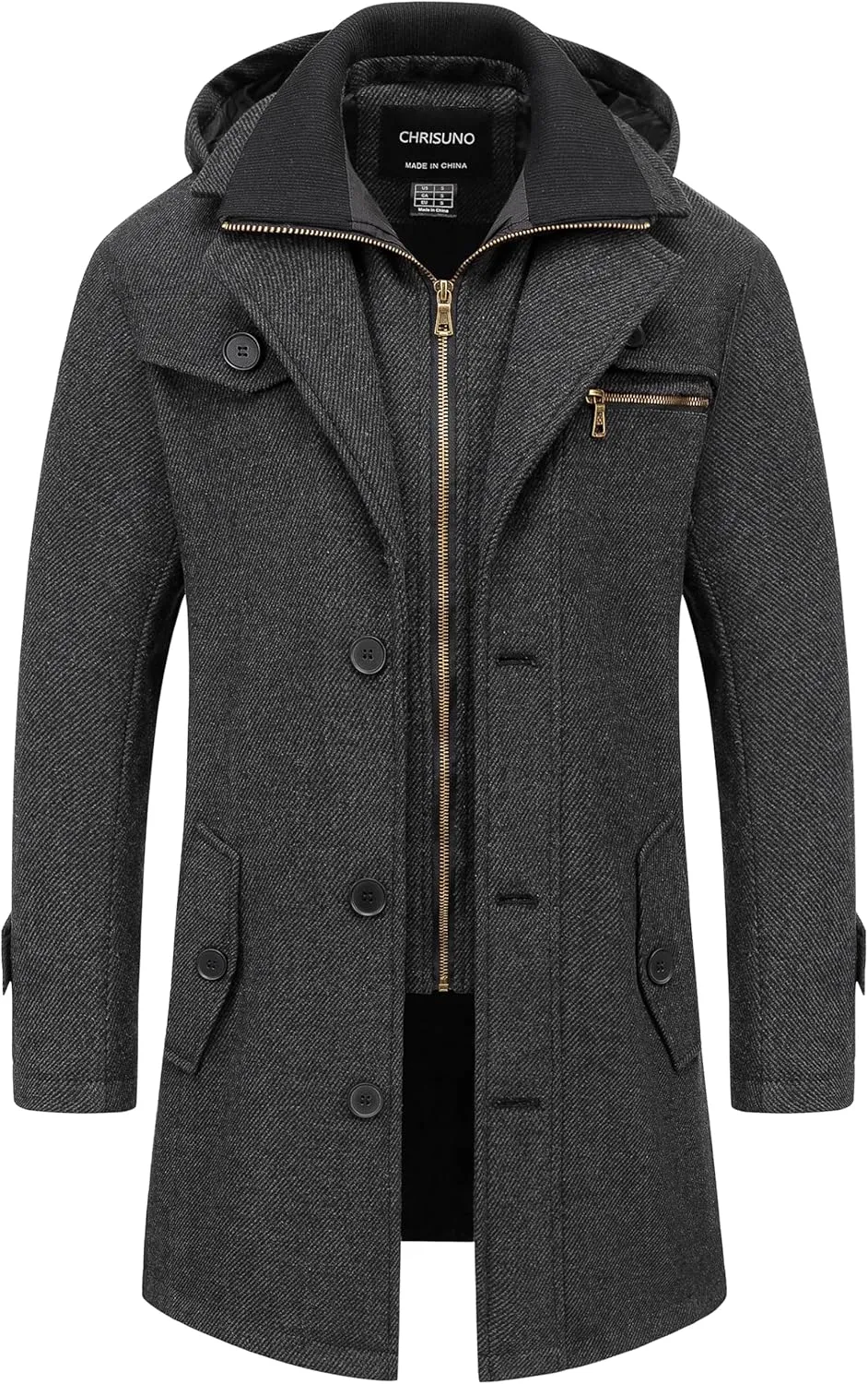 Chrisuno Men's Classic Long Pea Coat Warm Wool Blend Winter Trench Coat Single Breasted Overcoat with Detachable Collar