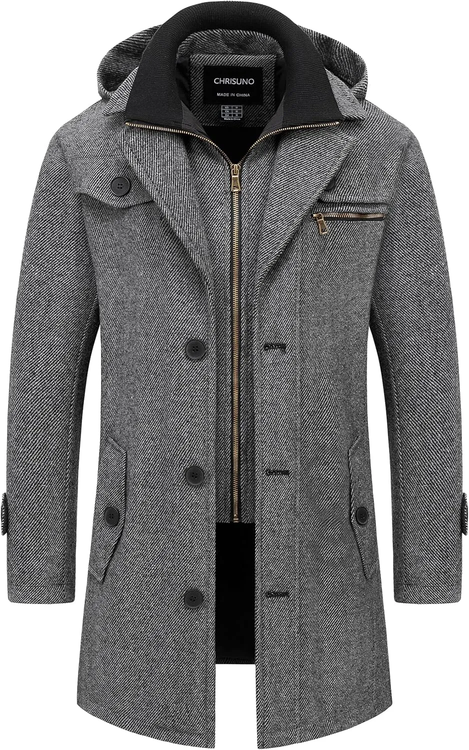 Chrisuno Men's Classic Long Pea Coat Warm Wool Blend Winter Trench Coat Single Breasted Overcoat with Detachable Collar