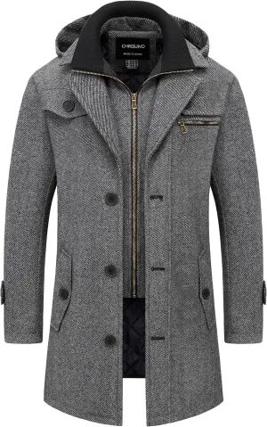 Chrisuno Men's Classic Long Pea Coat Warm Wool Blend Winter Trench Coat Single Breasted Overcoat with Detachable Collar