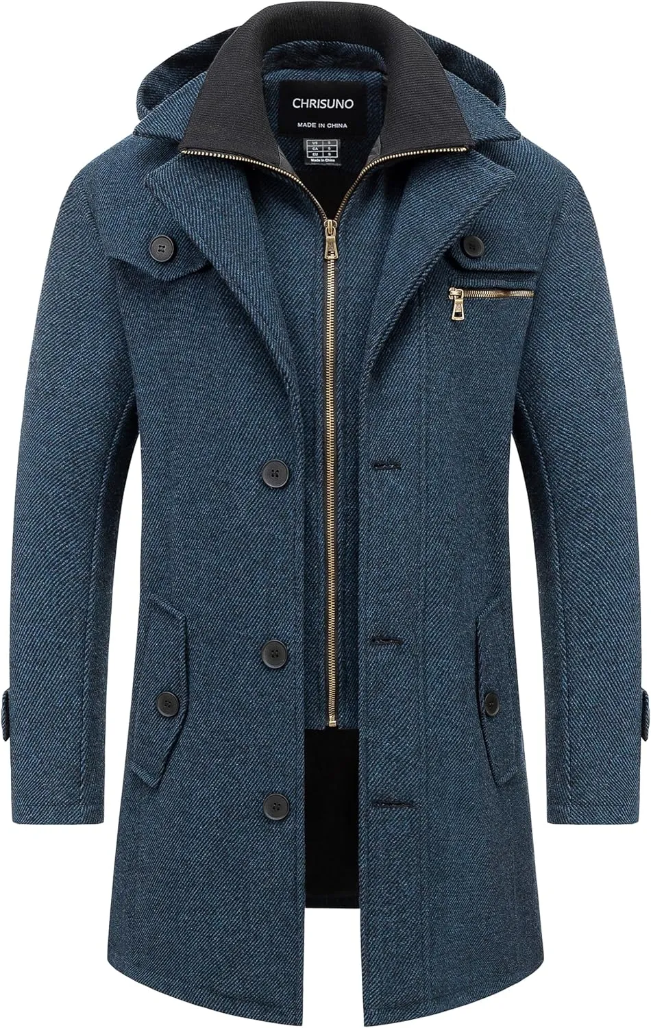 Chrisuno Men's Classic Long Pea Coat Warm Wool Blend Winter Trench Coat Single Breasted Overcoat with Detachable Collar