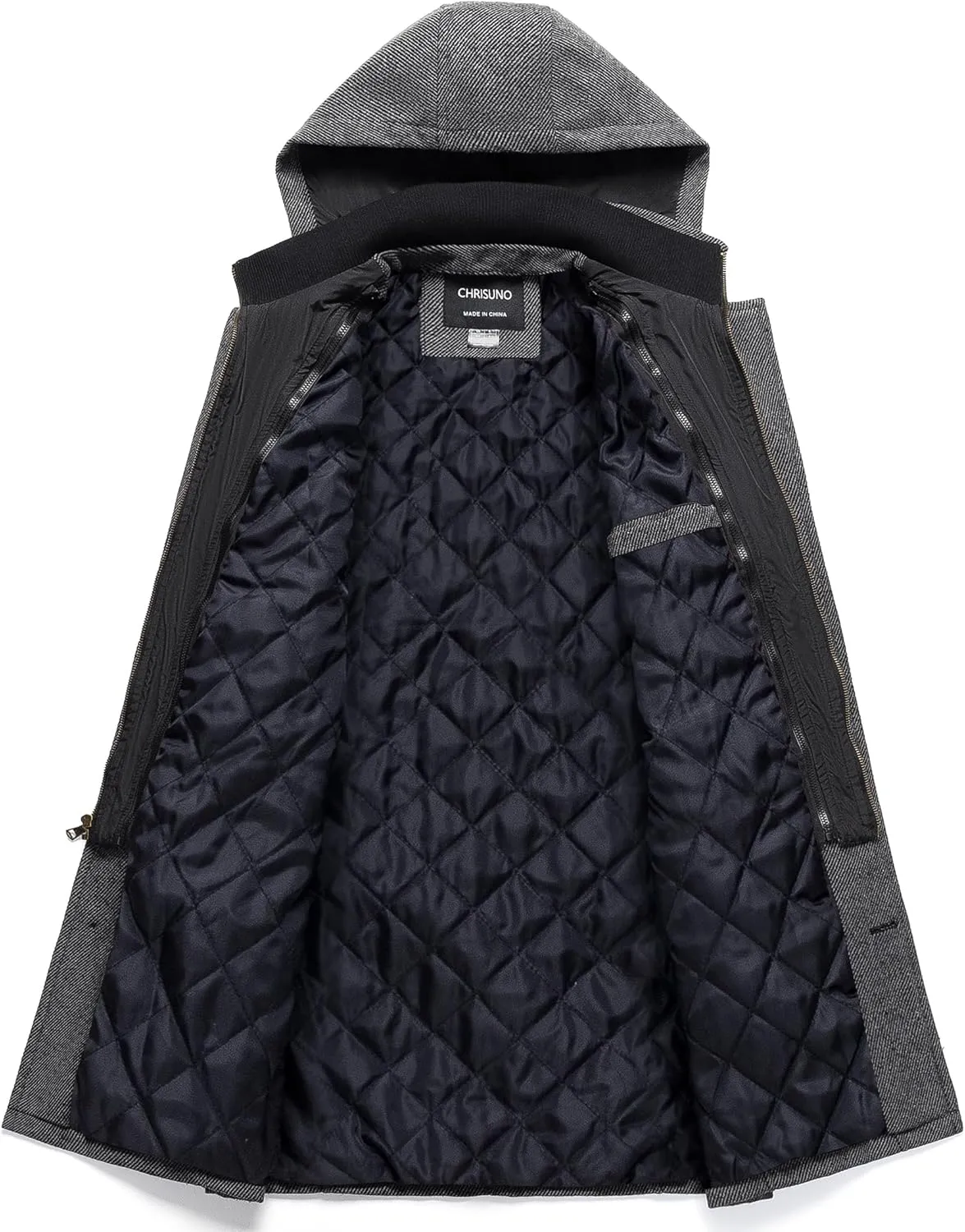 Chrisuno Men's Classic Long Pea Coat Warm Wool Blend Winter Trench Coat Single Breasted Overcoat with Detachable Collar