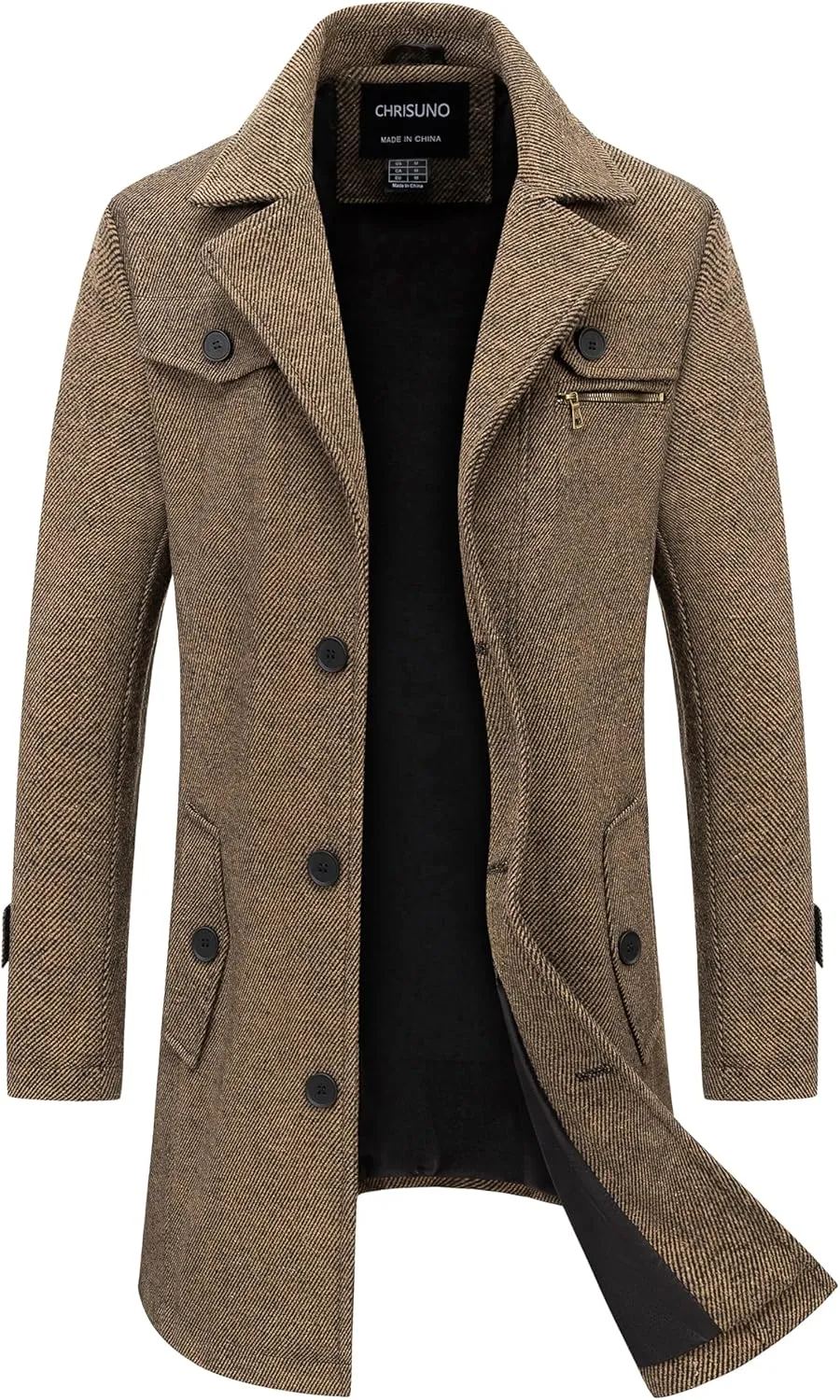 Chrisuno Men's Classic Long Pea Coat Warm Wool Blend Winter Trench Coat Single Breasted Overcoat with Detachable Collar