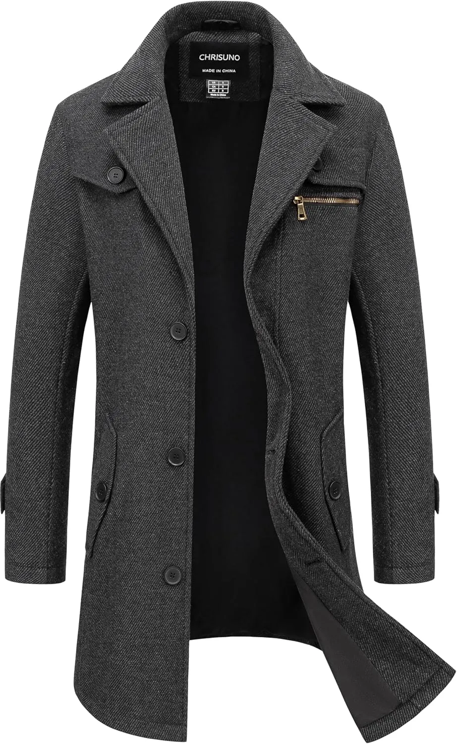 Chrisuno Men's Classic Long Pea Coat Warm Wool Blend Winter Trench Coat Single Breasted Overcoat with Detachable Collar