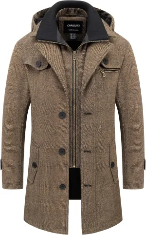 Chrisuno Men's Classic Long Pea Coat Warm Wool Blend Winter Trench Coat Single Breasted Overcoat with Detachable Collar