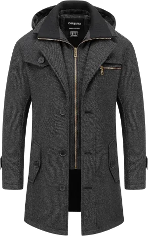 Chrisuno Men's Classic Long Pea Coat Warm Wool Blend Winter Trench Coat Single Breasted Overcoat with Detachable Collar