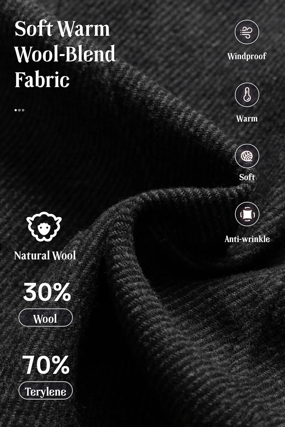 Chrisuno Men's Classic Long Pea Coat Warm Wool Blend Winter Trench Coat Single Breasted Overcoat with Detachable Collar