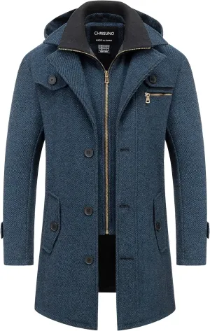 Chrisuno Men's Classic Long Pea Coat Warm Wool Blend Winter Trench Coat Single Breasted Overcoat with Detachable Collar
