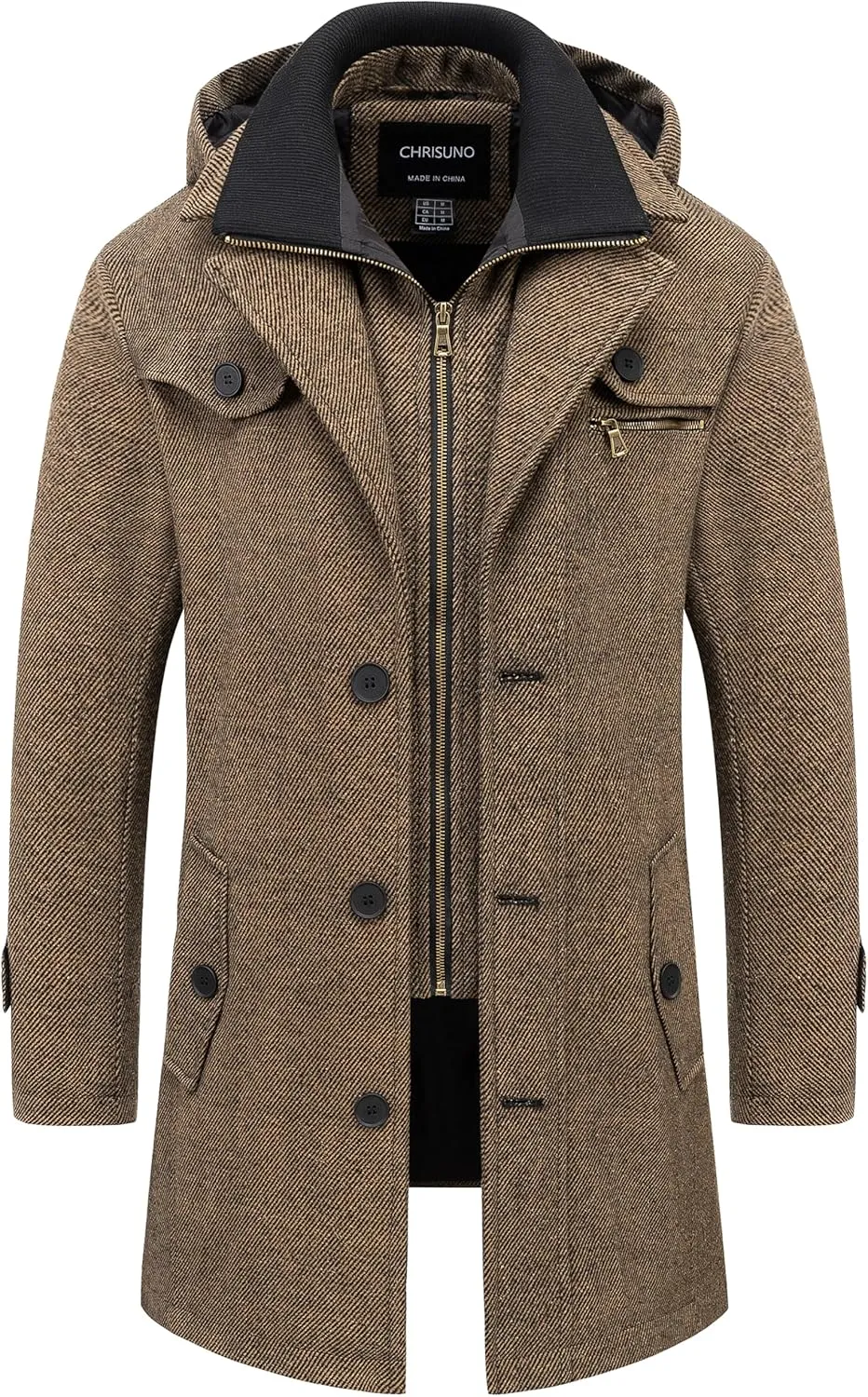 Chrisuno Men's Classic Long Pea Coat Warm Wool Blend Winter Trench Coat Single Breasted Overcoat with Detachable Collar