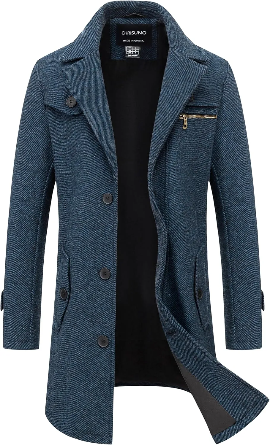 Chrisuno Men's Classic Long Pea Coat Warm Wool Blend Winter Trench Coat Single Breasted Overcoat with Detachable Collar