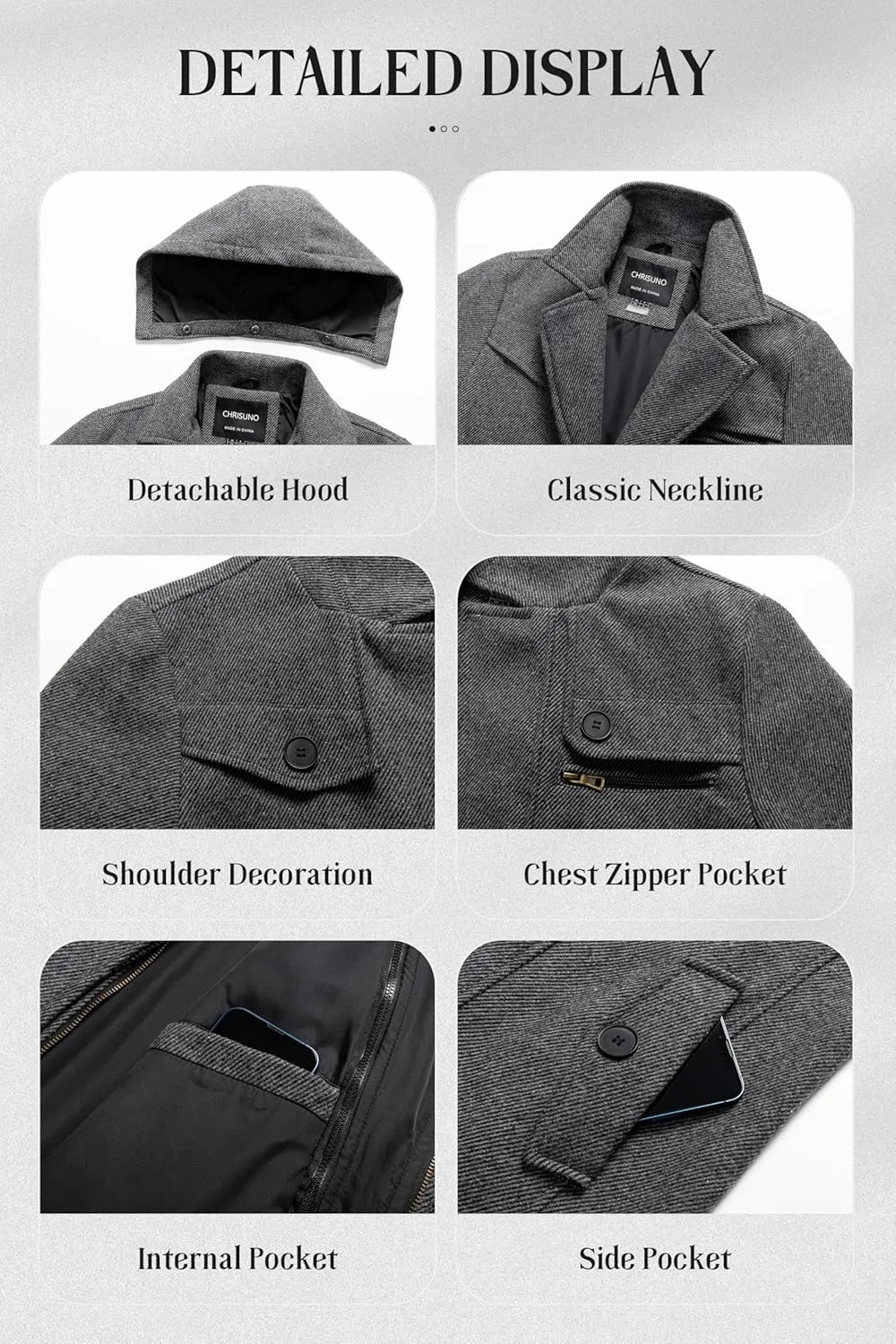 Chrisuno Men's Classic Long Pea Coat Warm Wool Blend Winter Trench Coat Single Breasted Overcoat with Detachable Collar