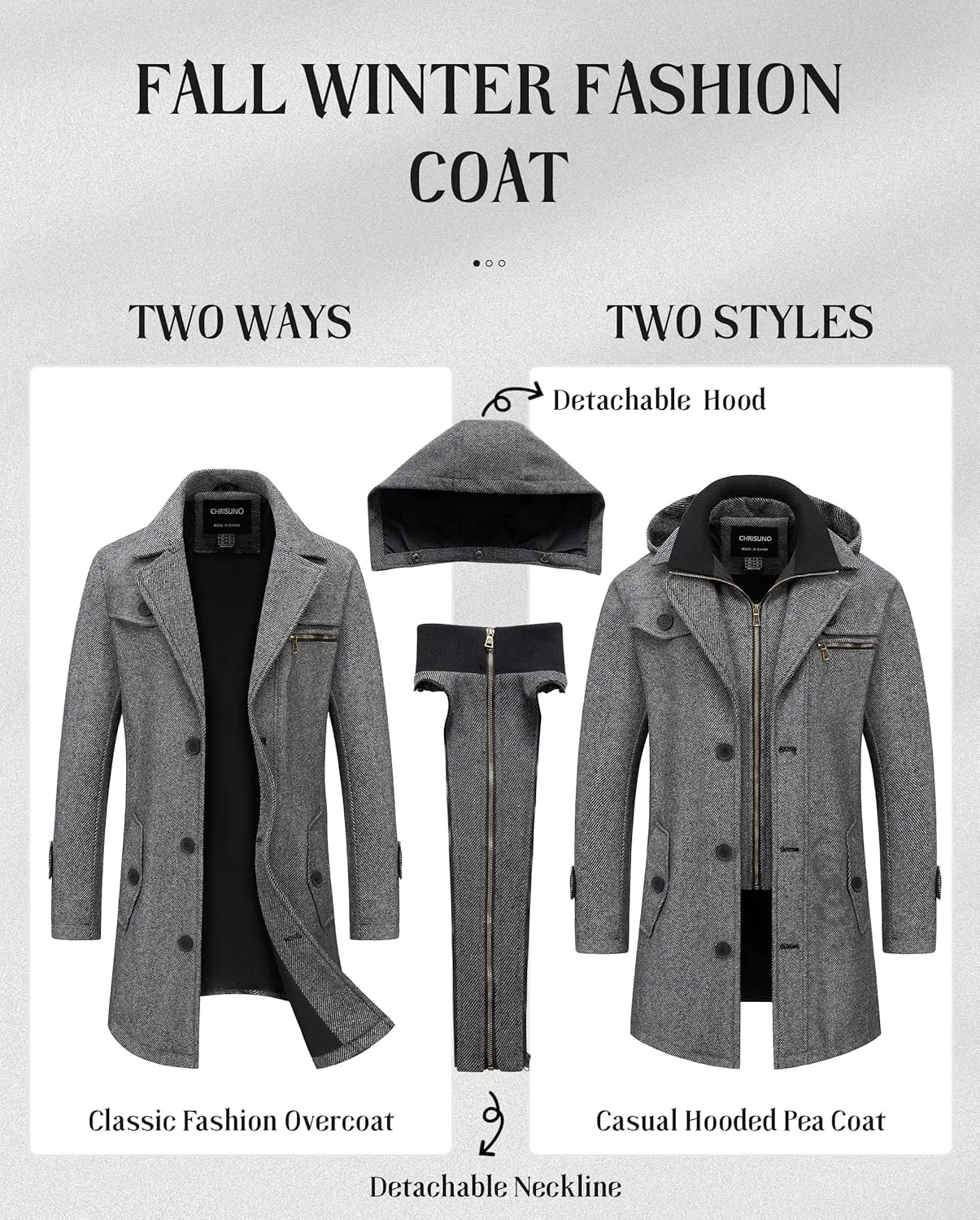 Chrisuno Men's Classic Long Pea Coat Warm Wool Blend Winter Trench Coat Single Breasted Overcoat with Detachable Collar