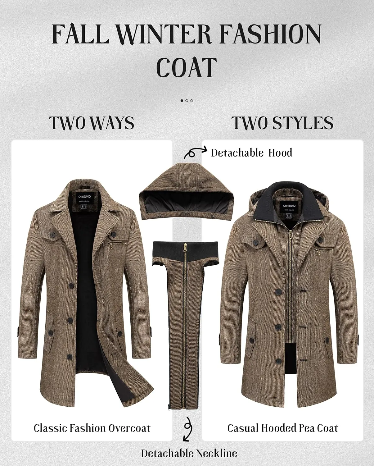 Chrisuno Men's Classic Long Pea Coat Warm Wool Blend Winter Trench Coat Single Breasted Overcoat with Detachable Collar