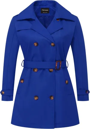 Chrisuno Women's Plus Size Double Breasted Trench Coats Mid-Length Belted Overcoat Dress Jacket with Detachable Hood