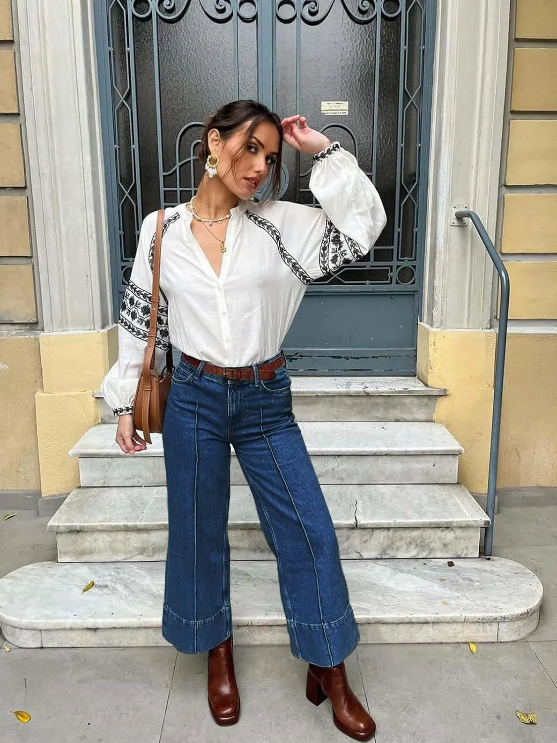 Cicy Bell Womens Baggy Wide Leg Cropped Jeans Casual High Waisted Loose Vintage Denim Pants with Pockets