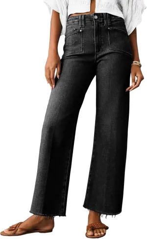 Cicy Bell Womens High Waisted Cropped Jeans Trendy Stretchy Baggy Straight Leg Raw Hem Capri Denim Pants