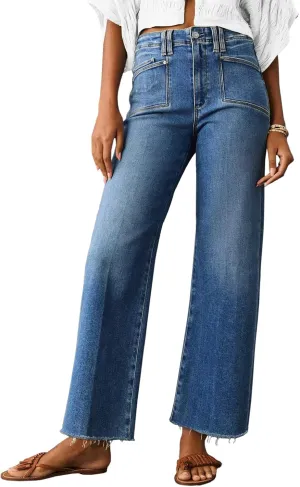 Cicy Bell Womens High Waisted Cropped Jeans Trendy Stretchy Baggy Straight Leg Raw Hem Capri Denim Pants
