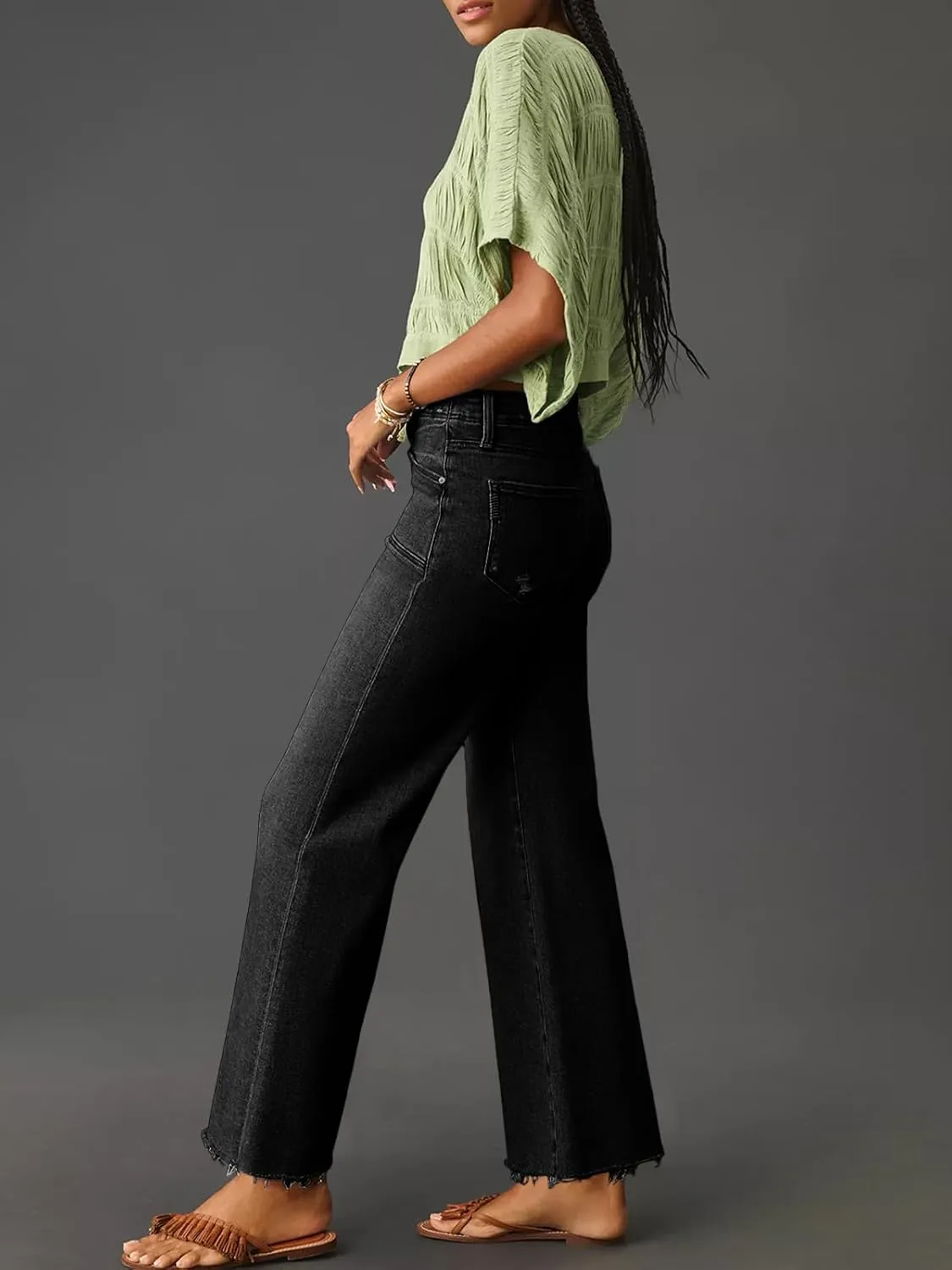 Cicy Bell Womens High Waisted Cropped Jeans Trendy Stretchy Baggy Straight Leg Raw Hem Capri Denim Pants