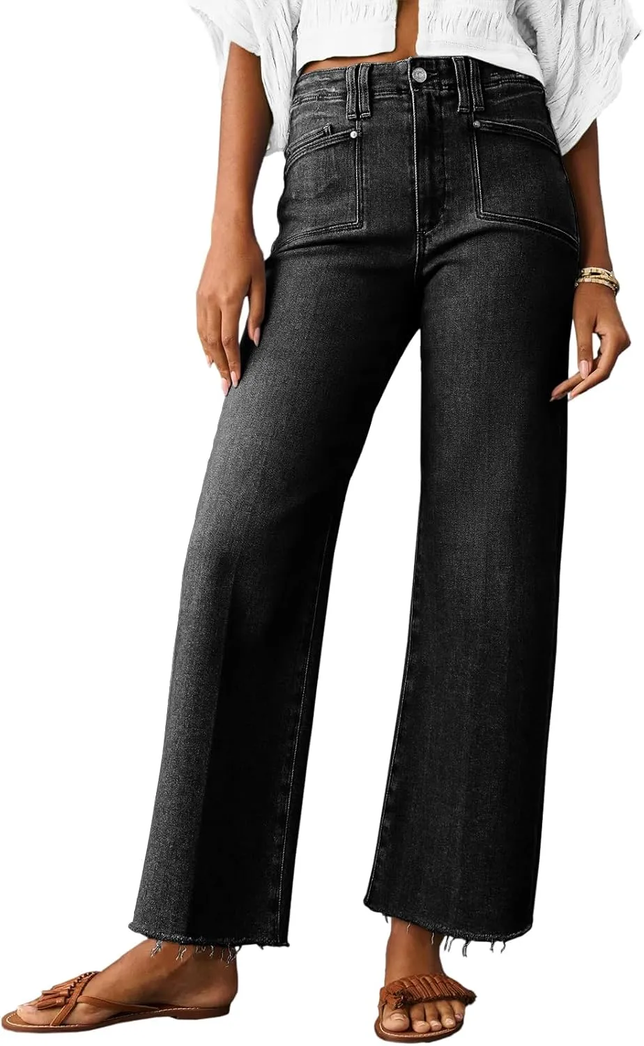 Cicy Bell Womens High Waisted Cropped Jeans Trendy Stretchy Baggy Straight Leg Raw Hem Capri Denim Pants