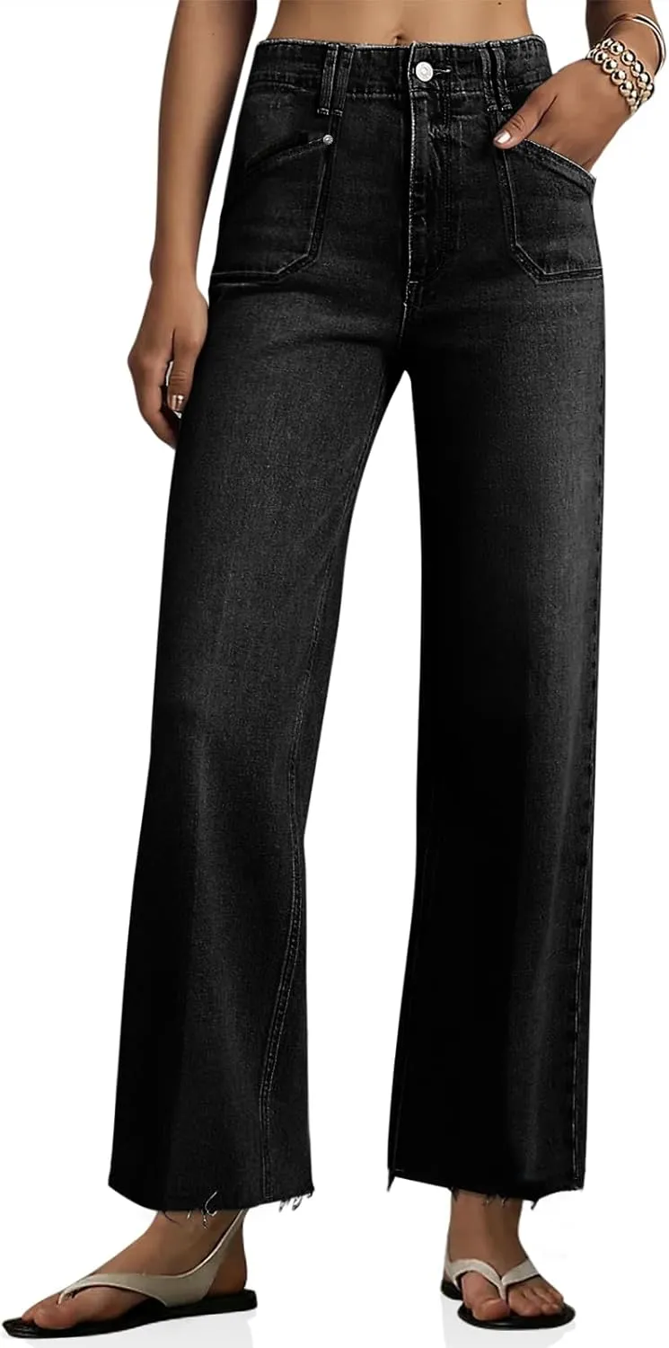 Cicy Bell Womens High Waisted Cropped Jeans Trendy Stretchy Baggy Straight Leg Raw Hem Capri Denim Pants