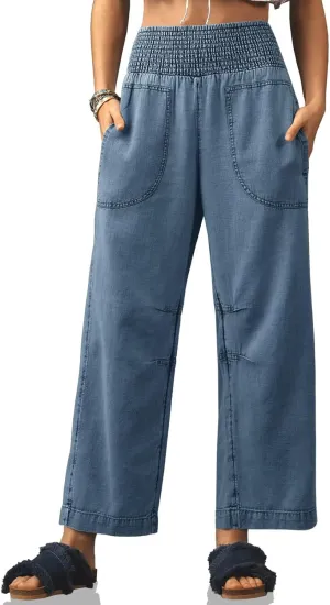 Cicy Bell Womens Smocked Barrel Jeans Casual Trendy High Waisted Baggy Pull On Denim Pants
