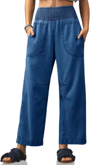 Cicy Bell Womens Smocked Barrel Jeans Casual Trendy High Waisted Baggy Pull On Denim Pants