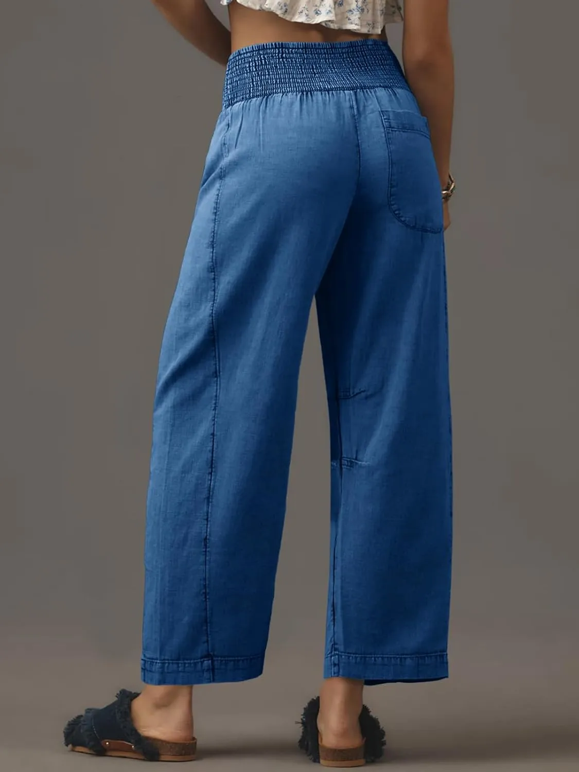 Cicy Bell Womens Smocked Barrel Jeans Casual Trendy High Waisted Baggy Pull On Denim Pants