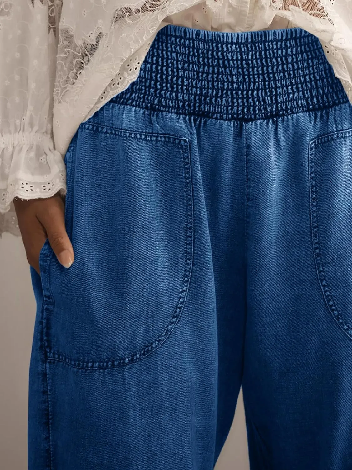 Cicy Bell Womens Smocked Barrel Jeans Casual Trendy High Waisted Baggy Pull On Denim Pants