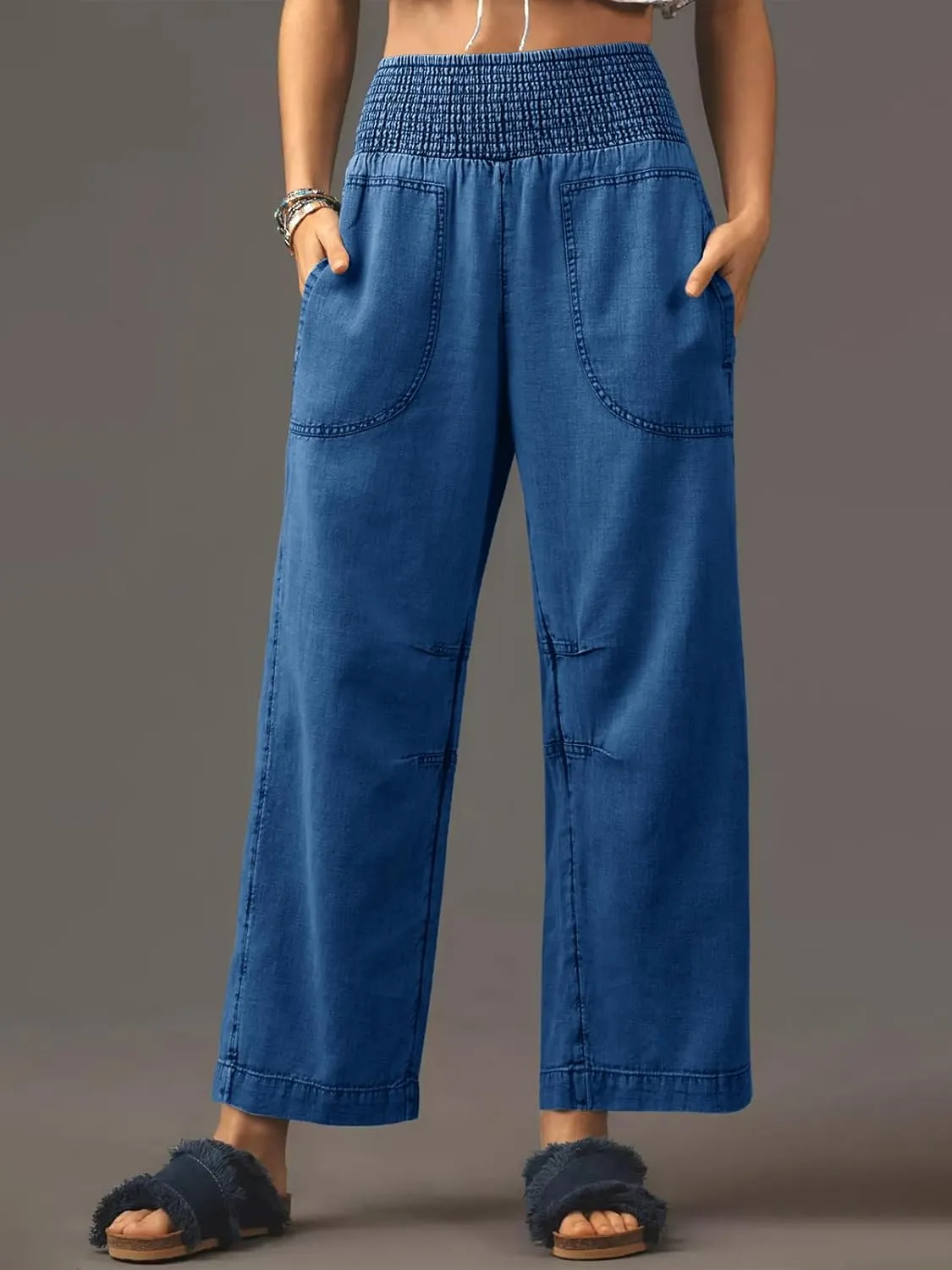 Cicy Bell Womens Smocked Barrel Jeans Casual Trendy High Waisted Baggy Pull On Denim Pants