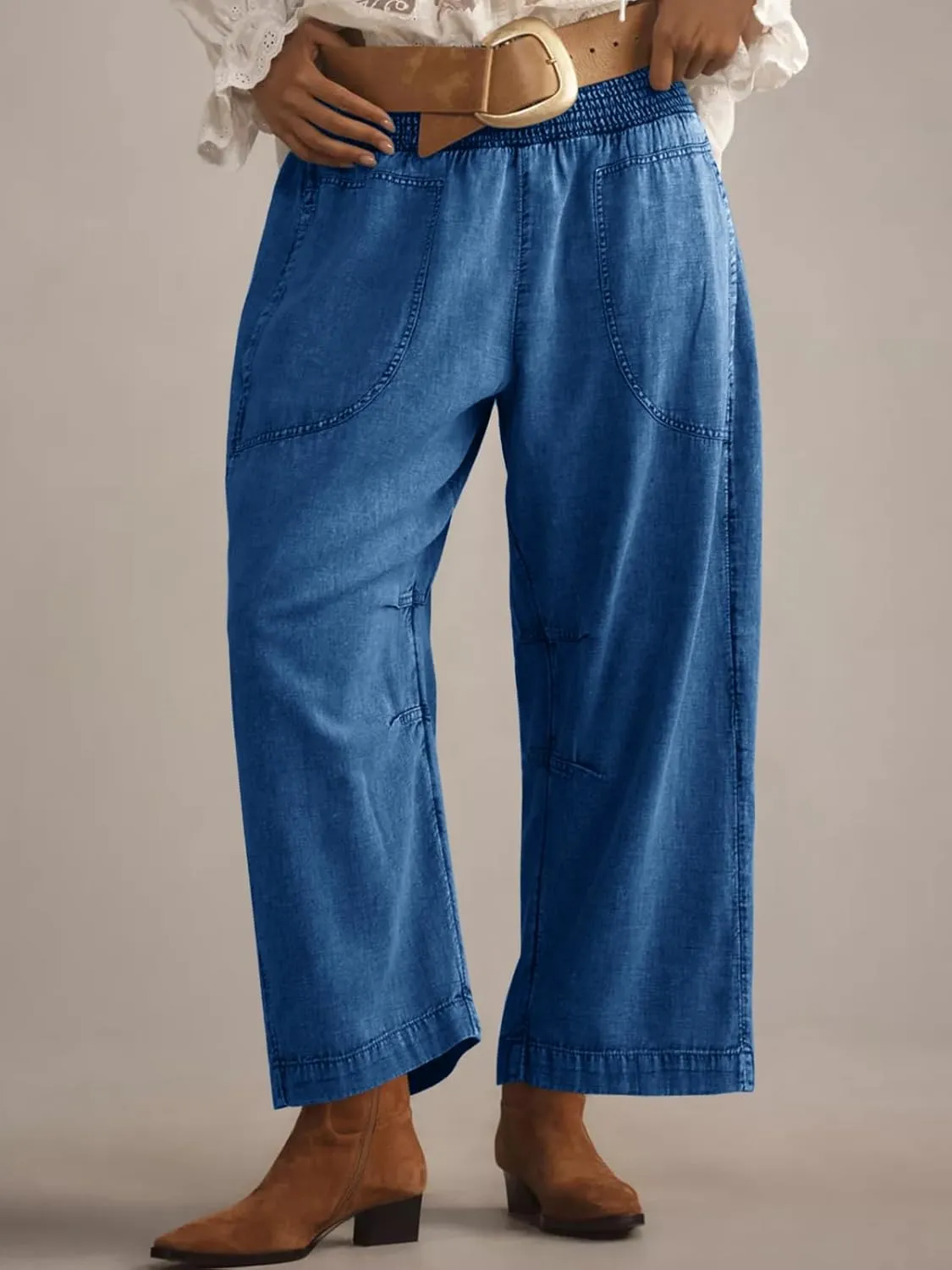 Cicy Bell Womens Smocked Barrel Jeans Casual Trendy High Waisted Baggy Pull On Denim Pants