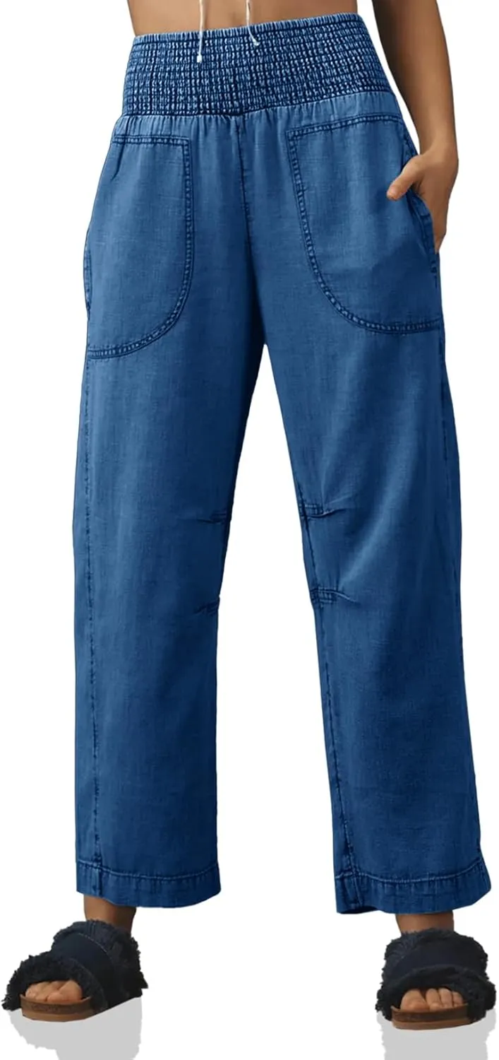 Cicy Bell Womens Smocked Barrel Jeans Casual Trendy High Waisted Baggy Pull On Denim Pants